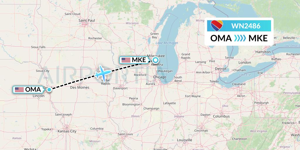 WN2486 Southwest Airlines Flight Map: Omaha to Milwaukee
