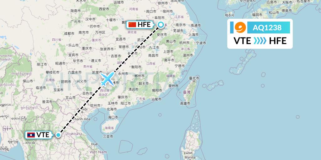 AQ1238 9 Air Flight Map: Vientiane to Hefei