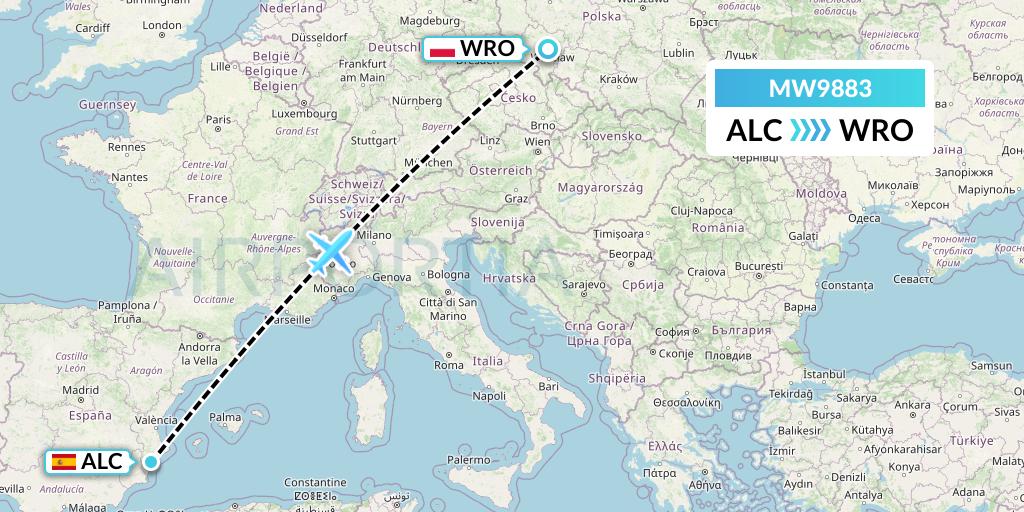 MW9883 Mokulele Flight Service Flight Map: Alicante to Wroclaw
