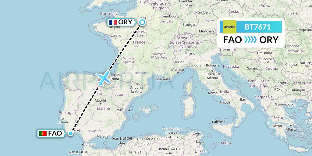 BT7671 Air Baltic Flight Map: Faro to Paris