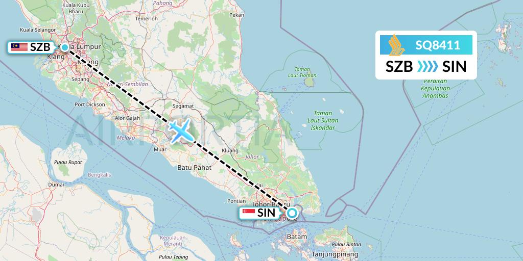 SQ8411 Singapore Airlines Flight Map: Kuala Lumpur to Singapore