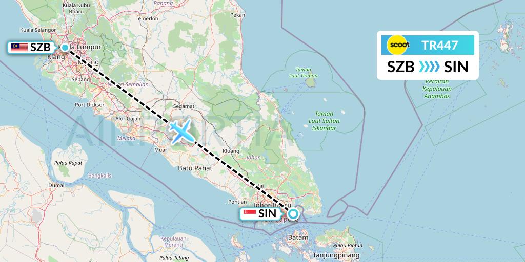 TR447 Tigerair Flight Map: Kuala Lumpur to Singapore