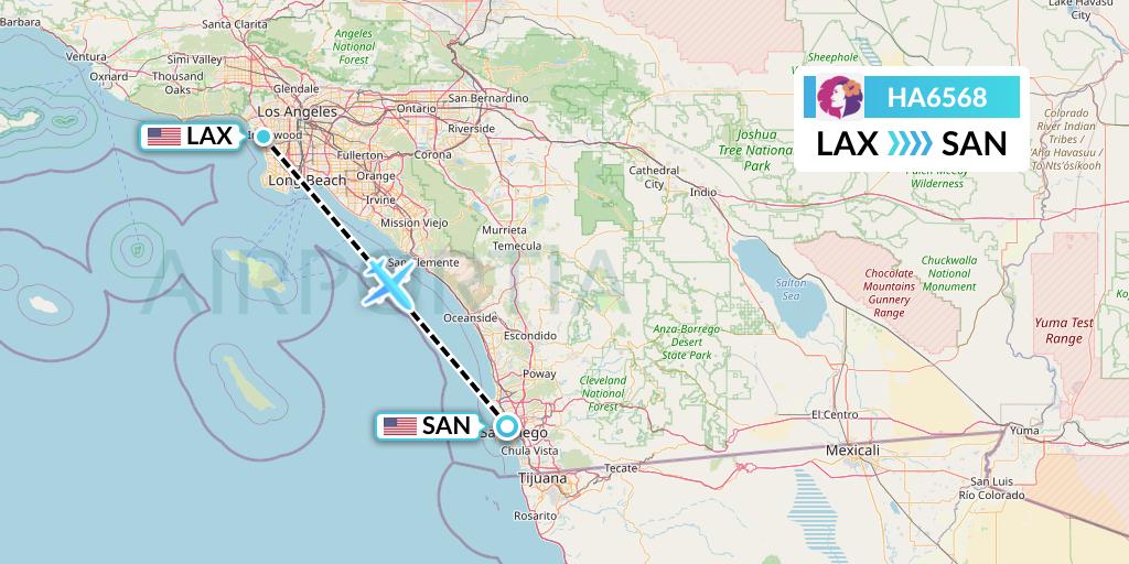 HA6568 Hawaiian Airlines Flight Map: Los Angeles to San Diego