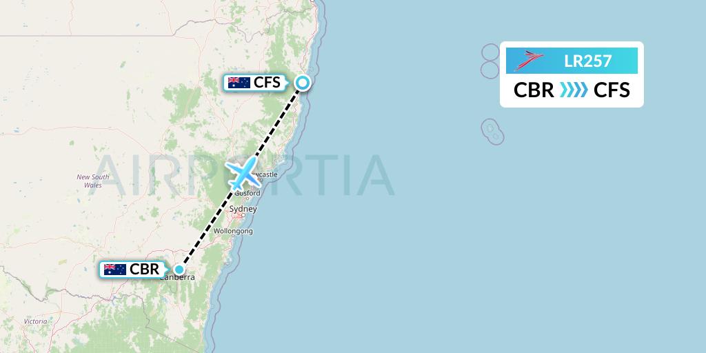 LR257 Lacsa Flight Map: Canberra to Coffs Harbour