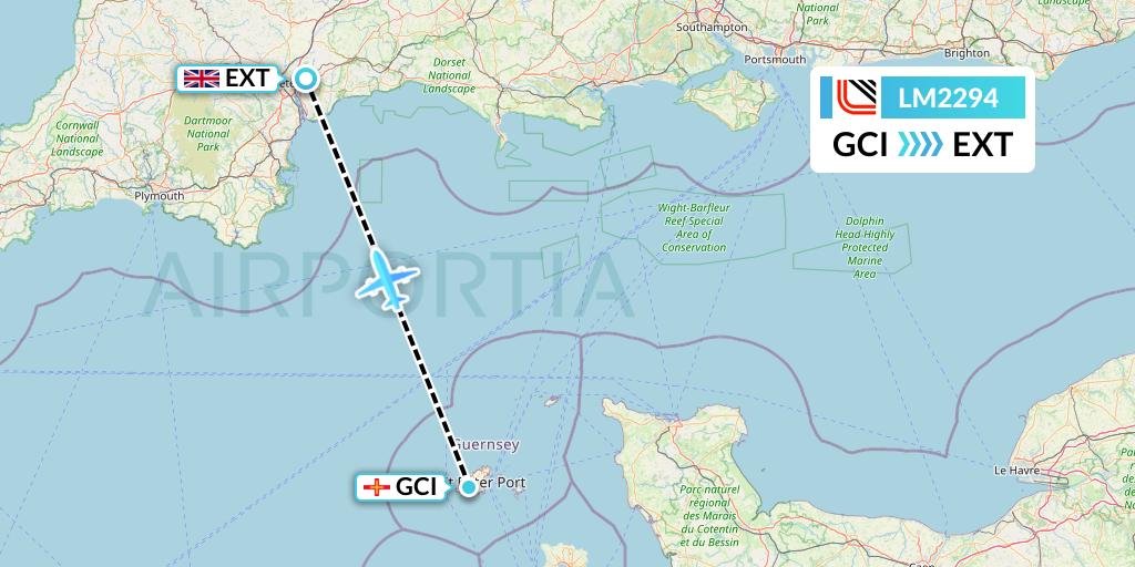 LM2294 Loganair Flight Map: Guernsey to Exeter