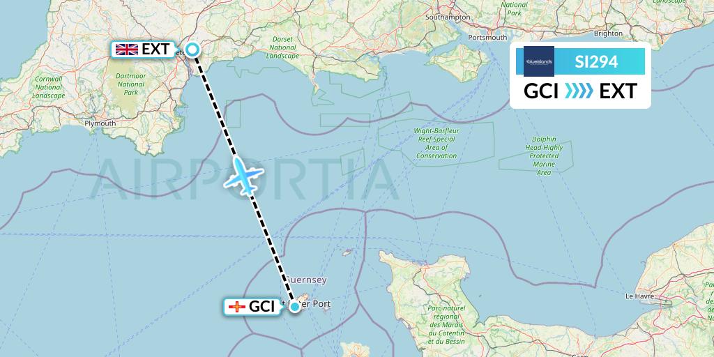 SI294 Blue Islands Flight Map: Guernsey to Exeter