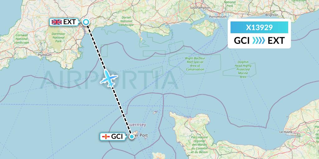 X13929 Nik Airways Flight Map: Guernsey to Exeter