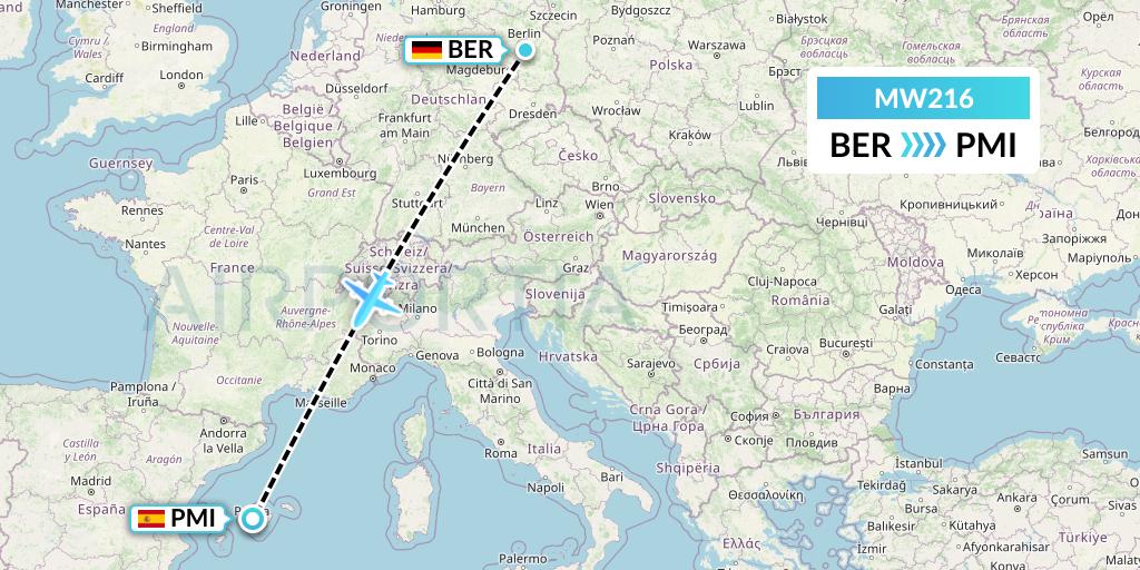 MW216 Mokulele Flight Service Flight Map: Berlin to Palma de Mallorca