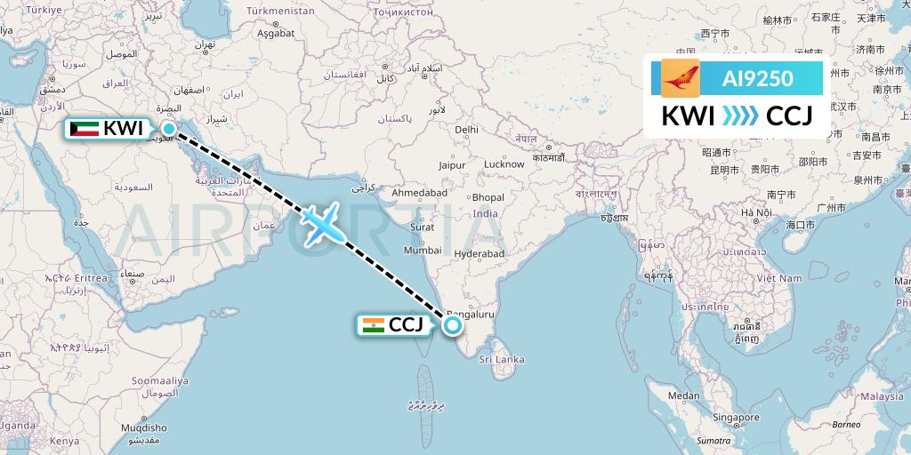 AI9250 Air India Flight Map: Kuwait City to Kozhikode