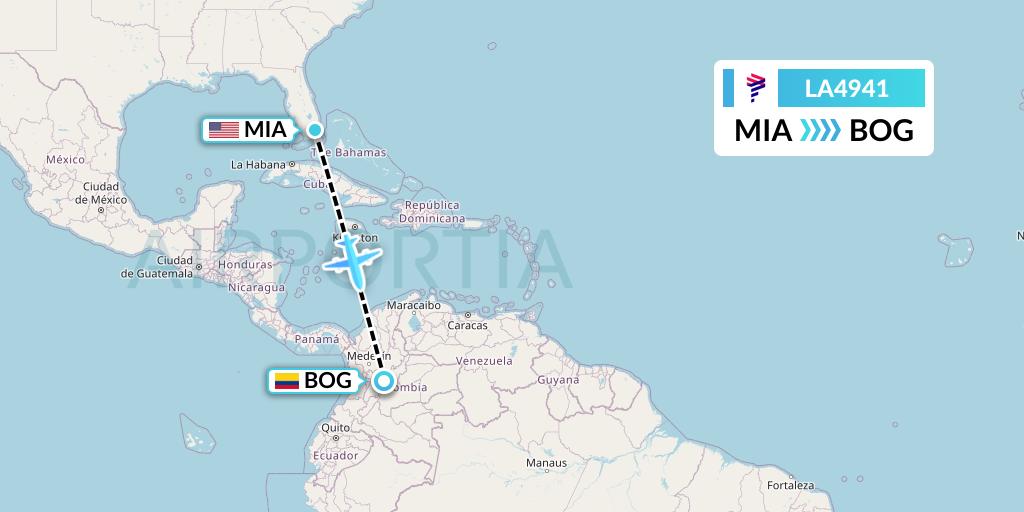LA4941 LAN Airlines Flight Map: Miami to Bogota