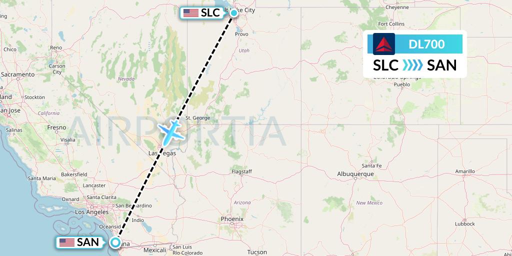 DL700 Delta Air Lines Flight Map: Salt Lake City to San Diego