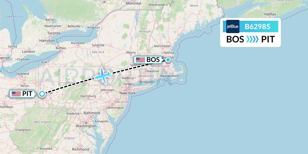 B62985 JetBlue Airways Flight Map: Boston to Pittsburgh