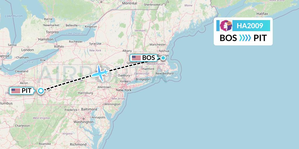 HA2009 Hawaiian Airlines Flight Map: Boston to Pittsburgh