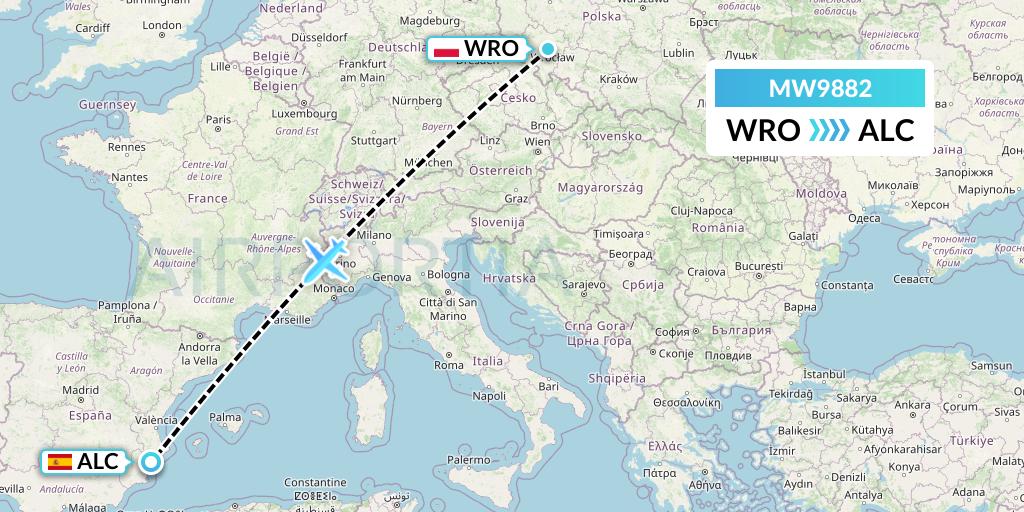 MW9882 Mokulele Flight Service Flight Map: Wroclaw to Alicante