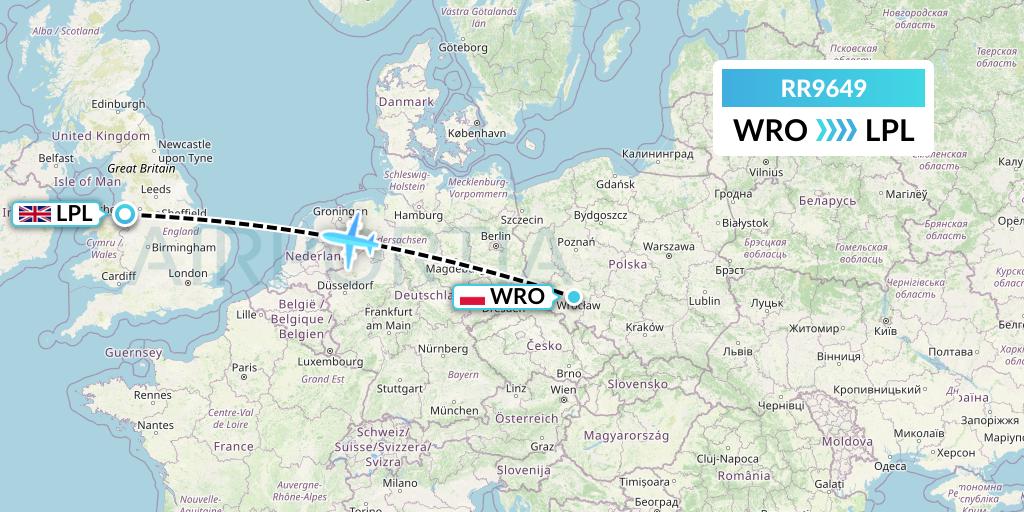RR9649 Royal Air Force Flight Map: Wroclaw to Liverpool