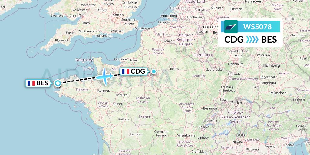 WS5078 WestJet Flight Map: Paris to Brest