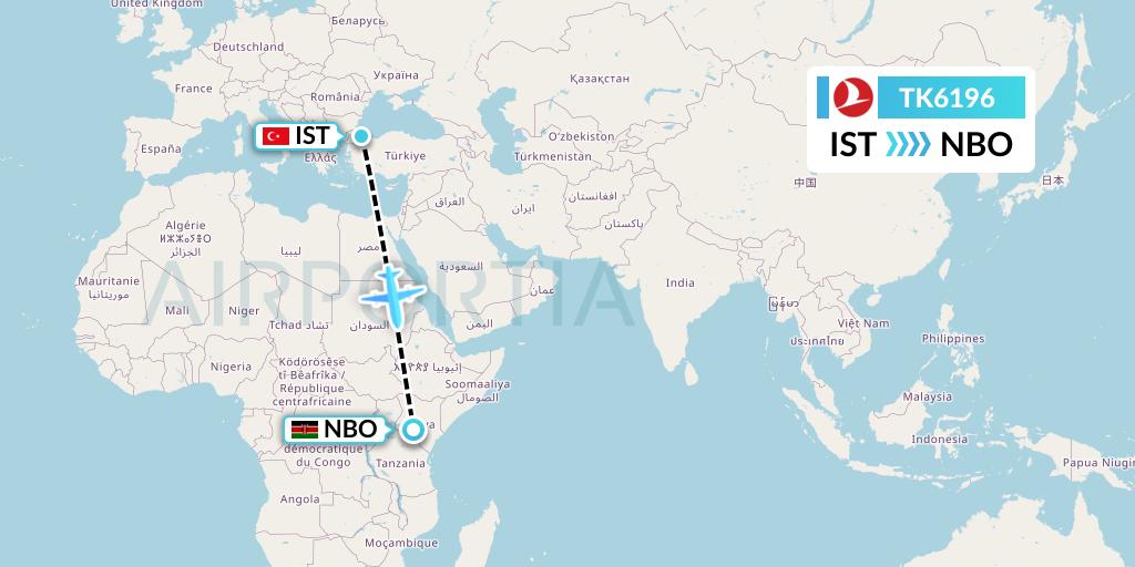 TK6196 Turkish Airlines Flight Map: Istanbul to Nairobi