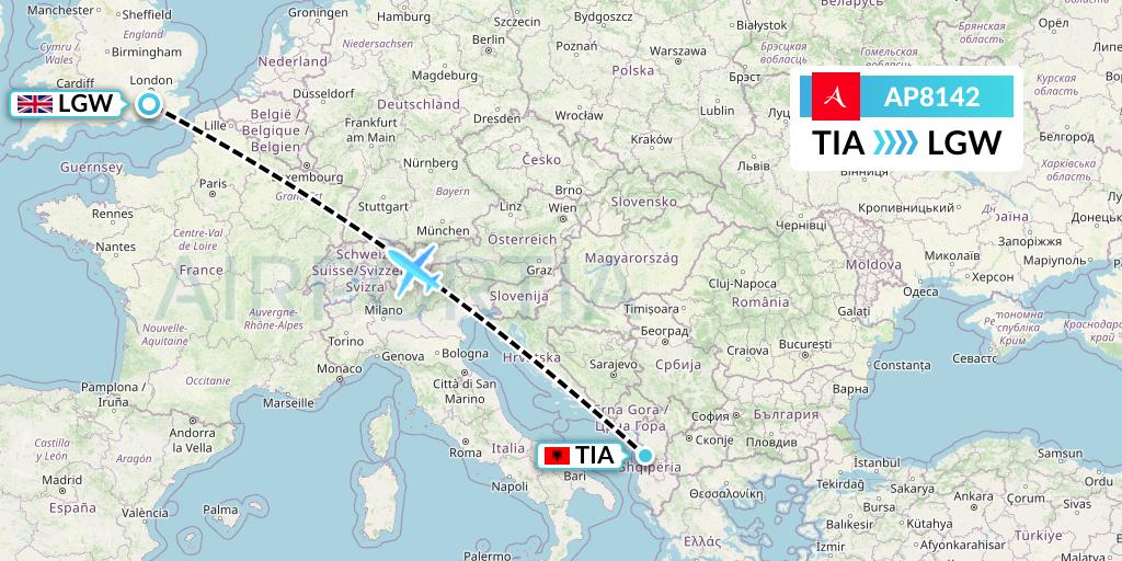 AP8142 AlbaStar Flight Map: Tirana to London