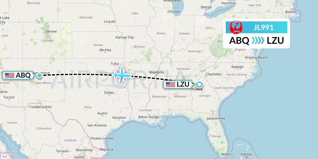 JL991 Japan Airlines Flight Map: Albuquerque to Lawrenceville