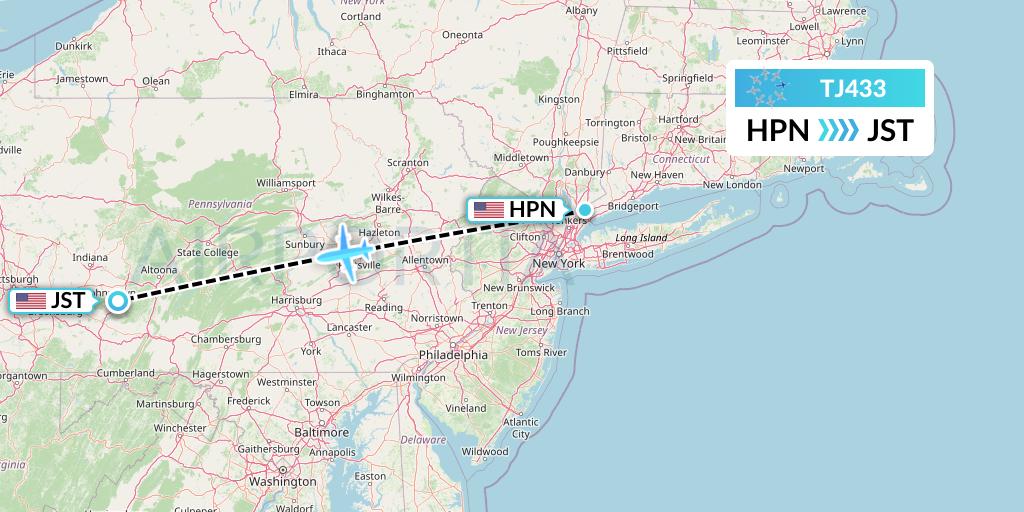TJ433 Tradewind Aviation Flight Map: White Plains to Johnstown