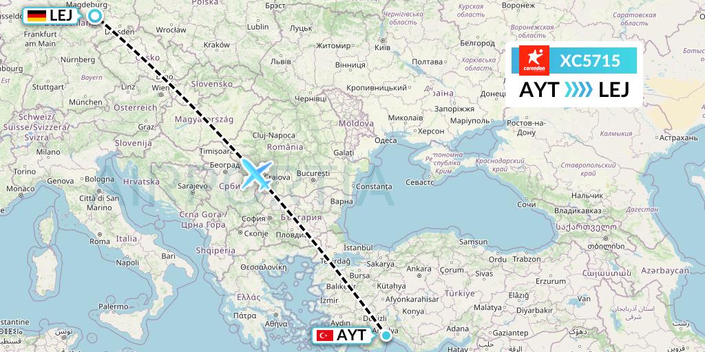 XC5715 Corendon Airlines Flight Map: Antalya to Leipzig