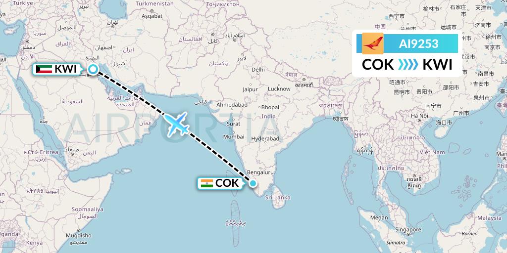 AI9253 Air India Flight Map: Cochin to Kuwait City
