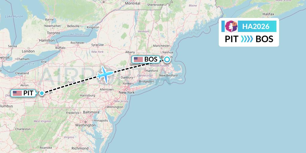 HA2026 Hawaiian Airlines Flight Map: Pittsburgh to Boston