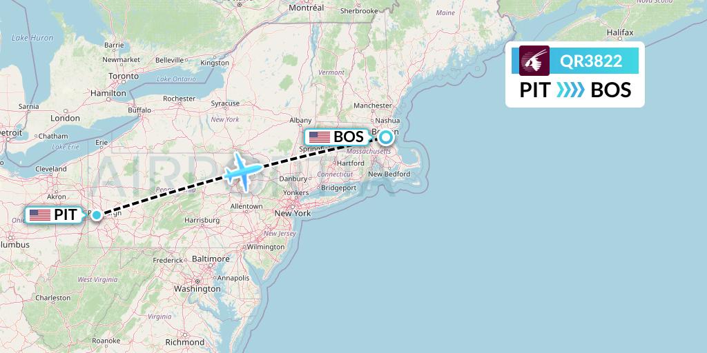 QR3822 Qatar Airways Flight Map: Pittsburgh to Boston