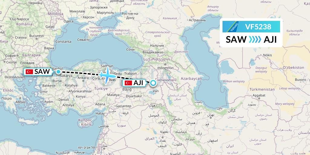 VF5238 ValuAir Flight Map: Istanbul to Agri