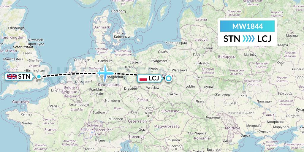 MW1844 Mokulele Flight Service Flight Map: London to Lodz