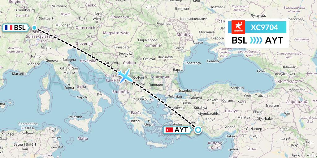 XC9704 Corendon Airlines Flight Map: Basel to Antalya