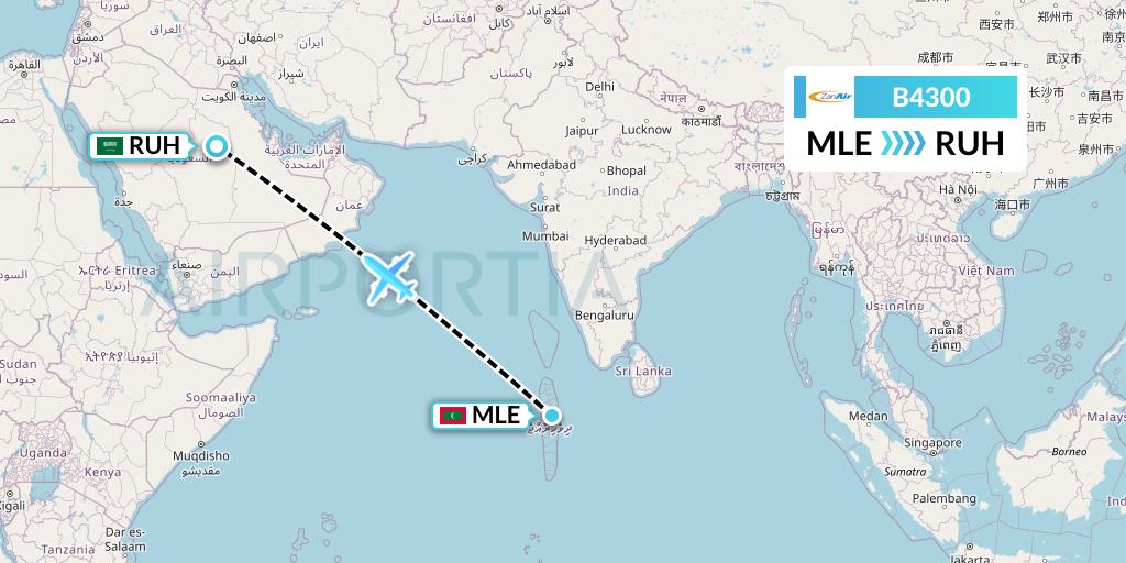 B4300 Zanair Flight Map: Male to Riyadh