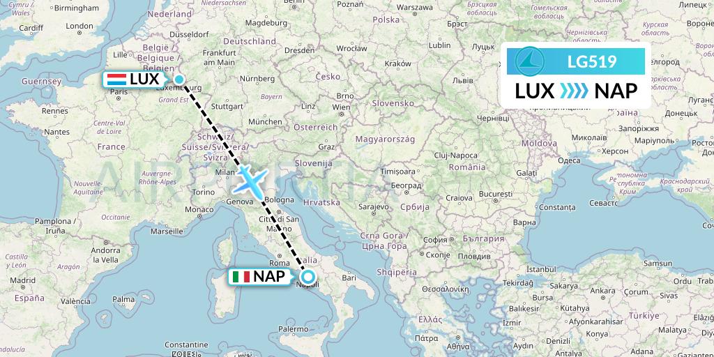 LG519 Luxair Flight Map: Luxembourg to Naples