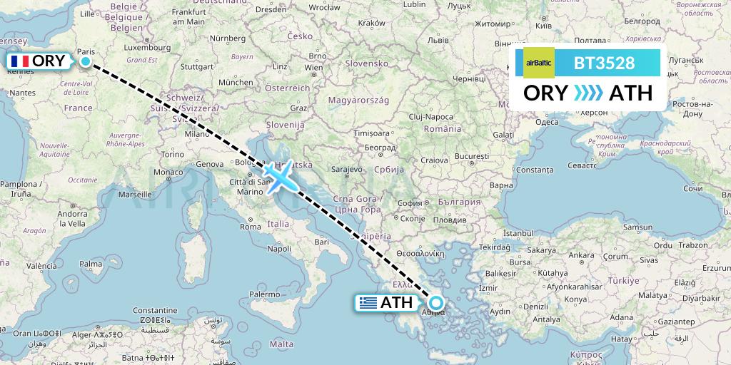 BT3528 Air Baltic Flight Map: Paris to Athens