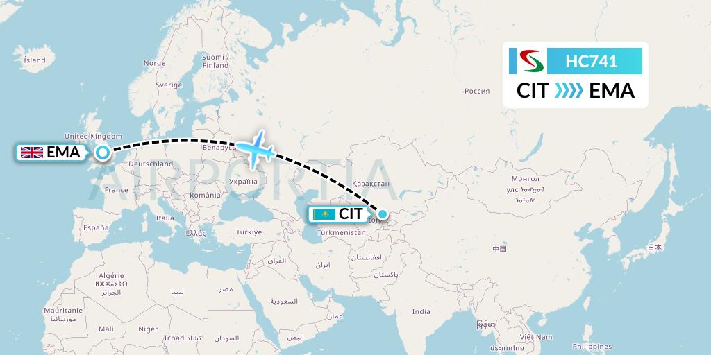 HC741 Air Senegal Flight Map: Shymkent to East Midlands