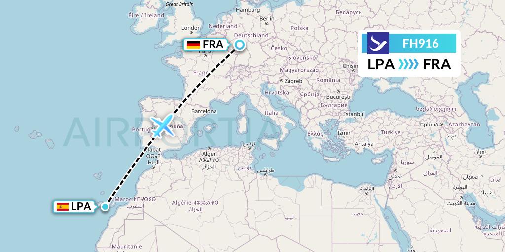 FH916 Freebird Airlines Flight Map: Las Palmas to Frankfurt