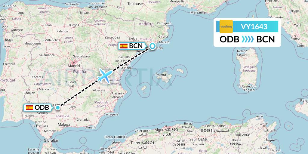 VY1643 Vueling Flight Map: Cordoba to Barcelona