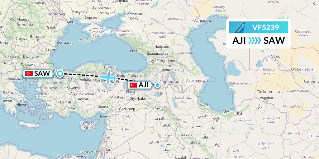 VF5239 ValuAir Flight Map: Agri to Istanbul