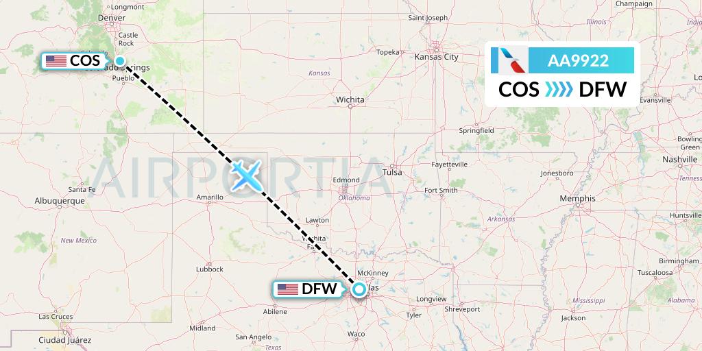 AA9922 American Airlines Flight Map: Colorado Springs to Dallas