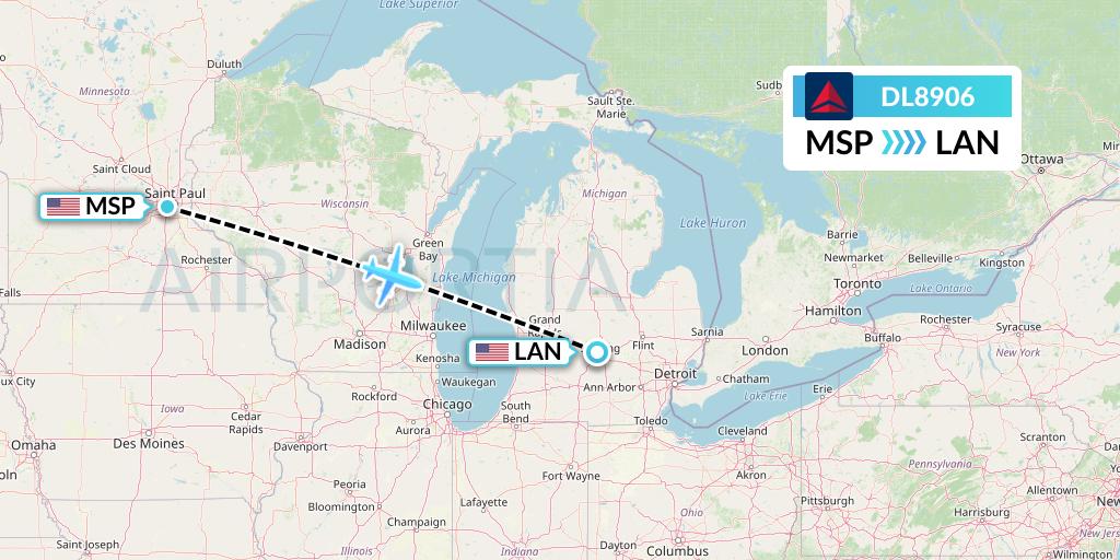 DL8906 Delta Air Lines Flight Map: Minneapolis to Lansing