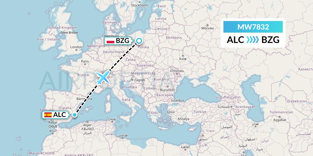 MW7832 Mokulele Flight Service Flight Map: Alicante to Bydgoszcz