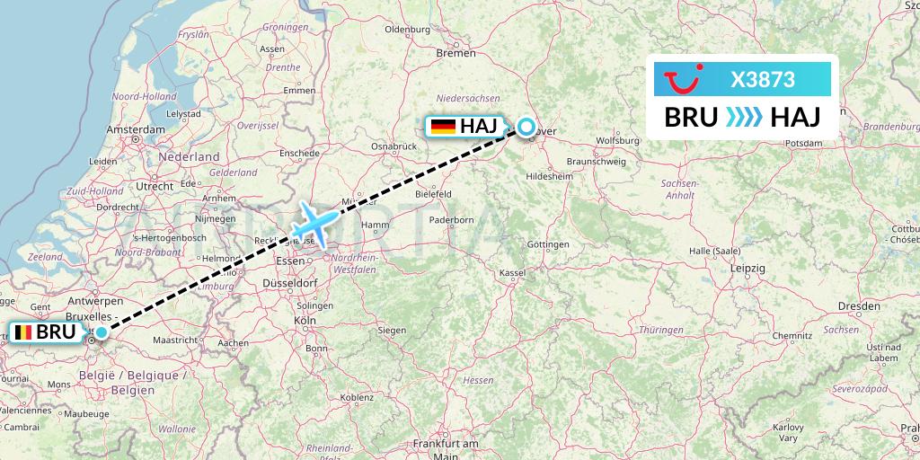 X3873 TUI fly Germany Flight Map: Brussels to Hannover