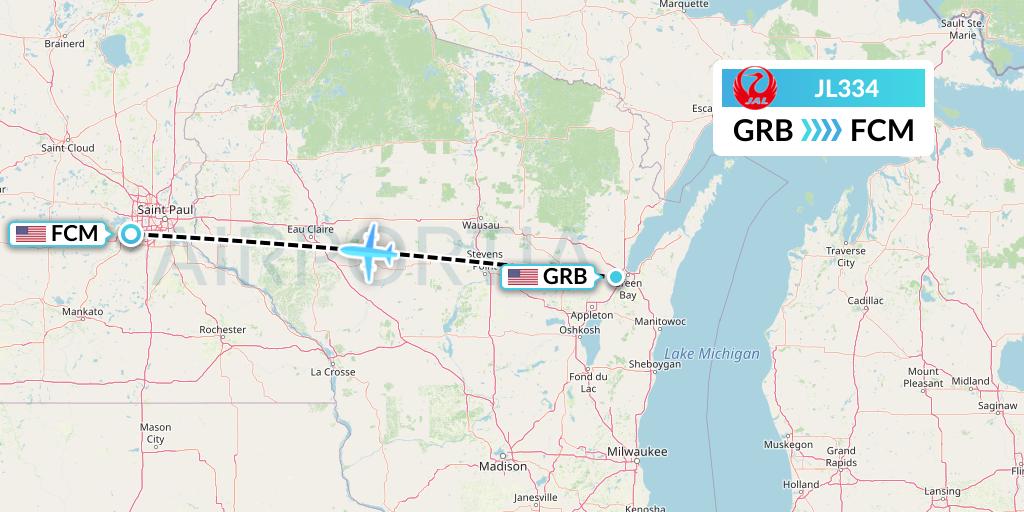 JL334 Japan Airlines Flight Map: Green Bay to Minneapolis