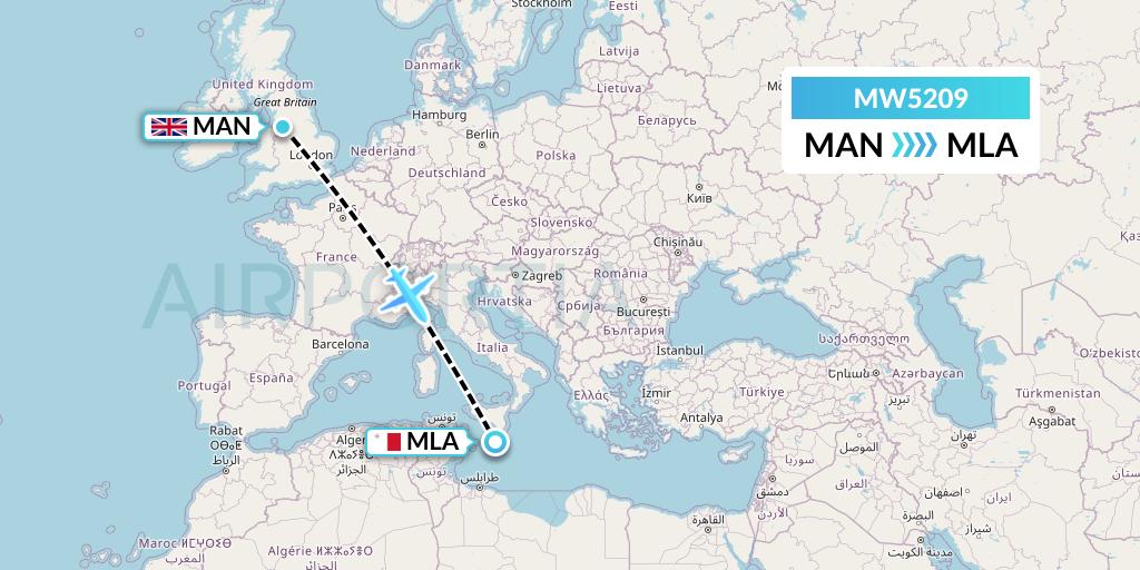 MW5209 Mokulele Flight Service Flight Map: Manchester to Malta