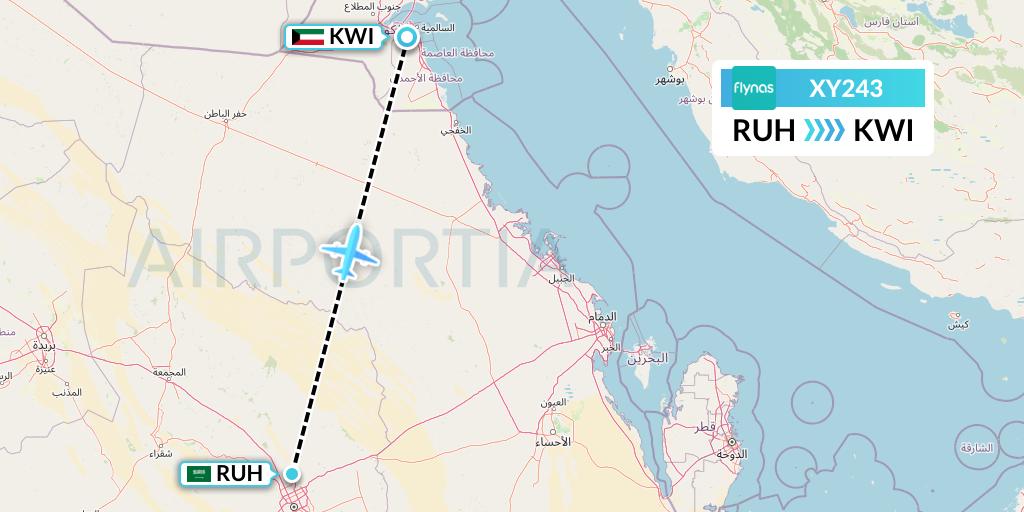 XY243 Flynas Flight Map: Riyadh to Kuwait City