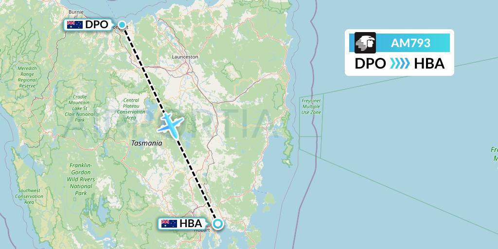AM793 Aeromexico Flight Map: Devonport to Hobart