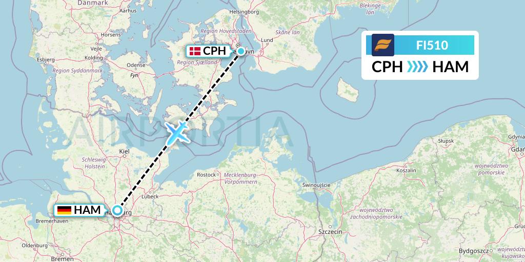FI510 Icelandair Flight Map: Copenhagen to Hamburg