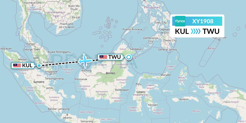 XY1908 Flynas Flight Map: Kuala Lumpur to Tawau