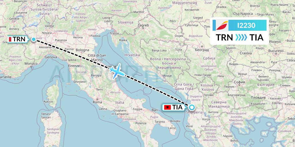 I2230 Iberia Express Flight Map: Turin to Tirana