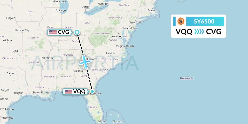 SY6500 Sun Country Airlines Flight Map: Jacksonville to Cincinnati